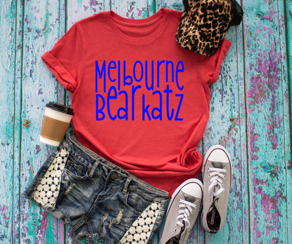 Melbourne Bearkatz Blue Fun Font Red Graphic Tee