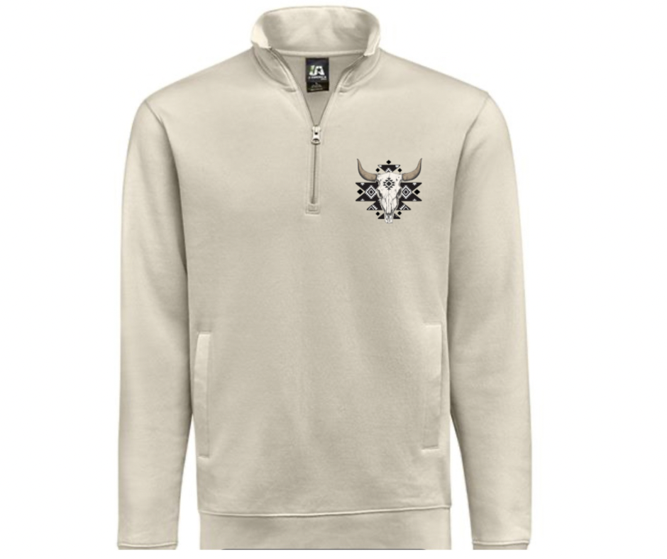 Aztec Bull Skull Print Khaki Quarter Zip Gray Pullover