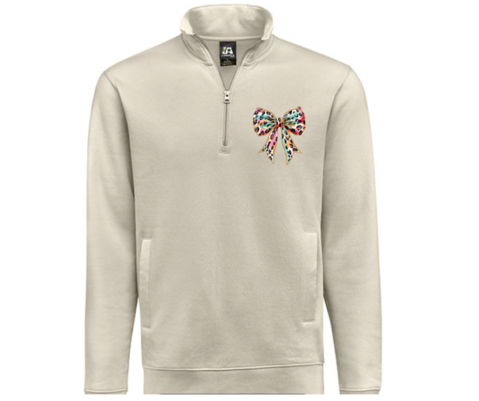 Colorful Leopard Bow Khaki Quarter Zip Gray Pullover