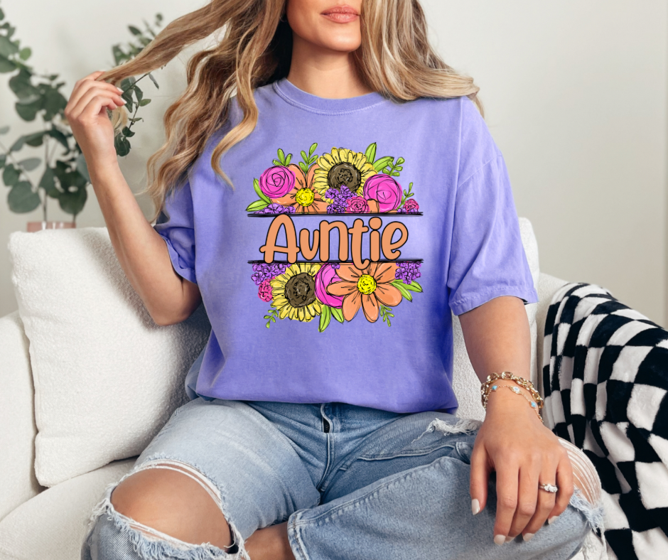 Auntie Flower Frame Violet Comfort Colors Graphic Tee