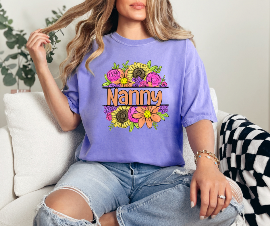 Nanny Flower Frame Violet Comfort Colors Graphic Tee