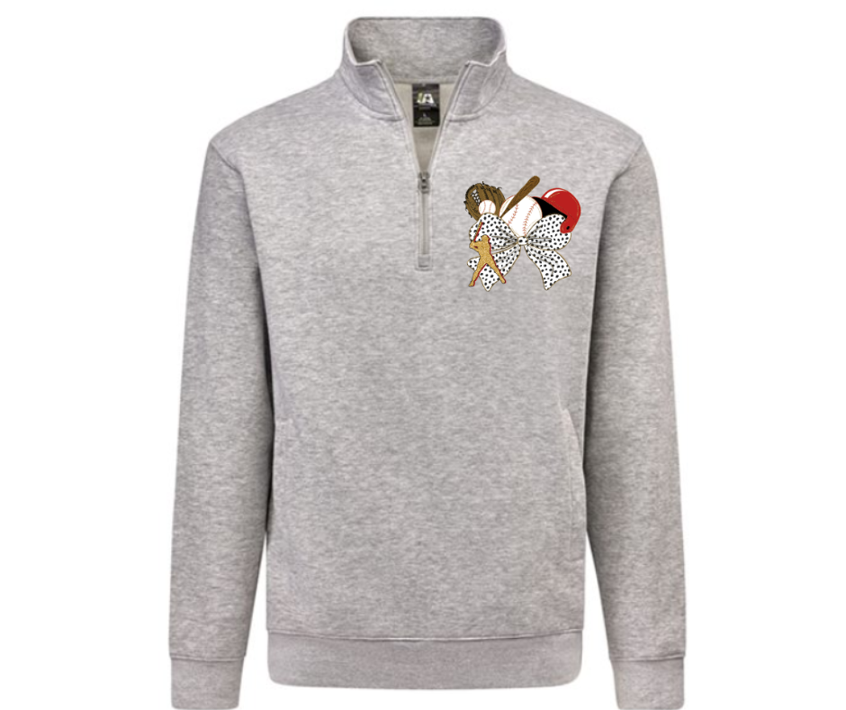 Baseball Bow Collage Quarter Zip Gray Pullover