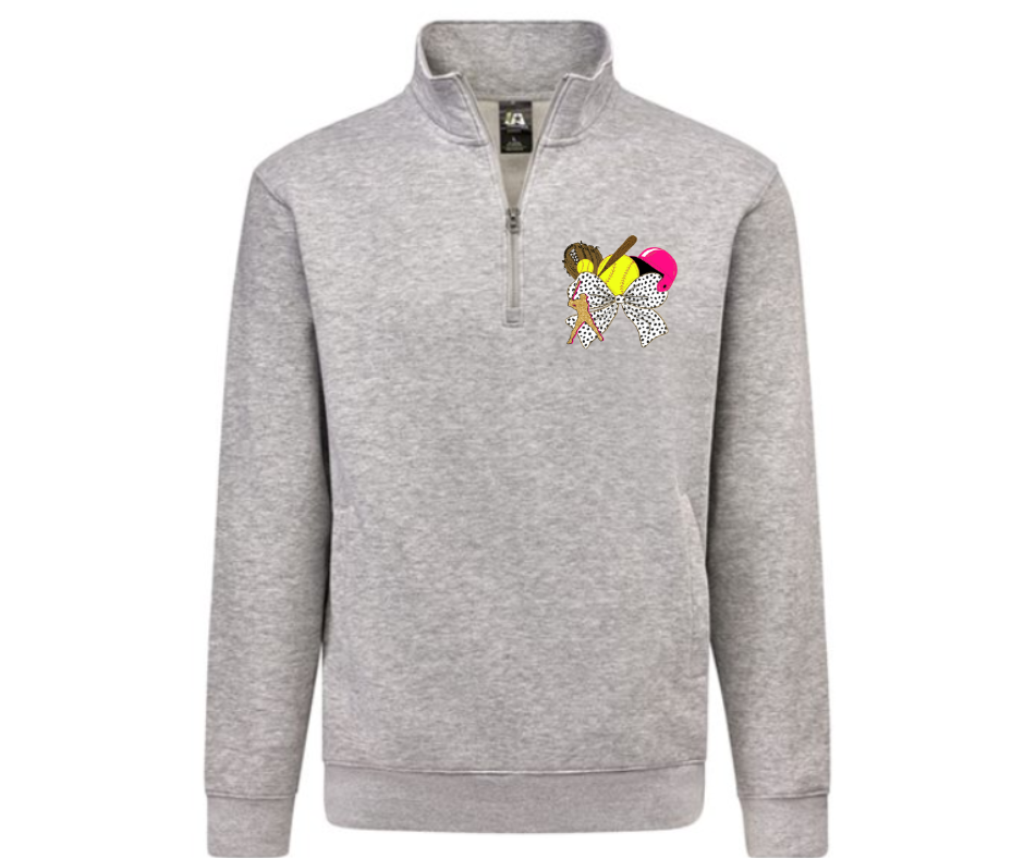 Softball Bow Collage Quarter Zip Gray Pullover