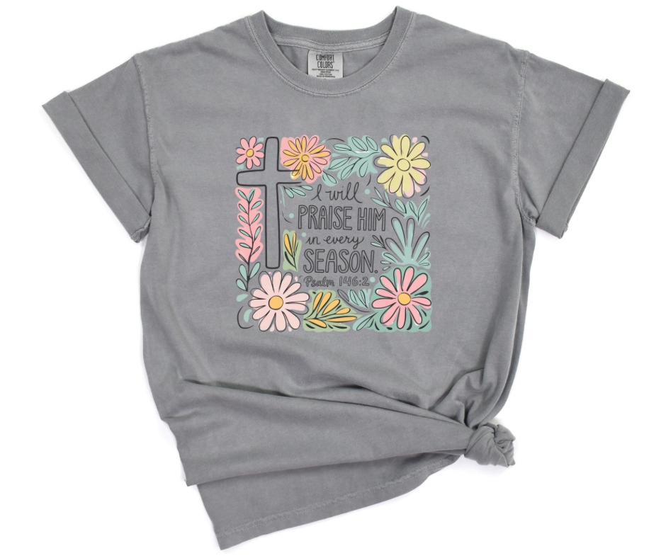 I Will Praise Him In Every Season Gray Comfort Colors Graphic Tee